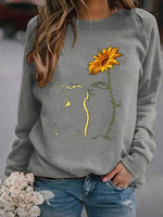 Damen Graues Sweatshirt Langarm Hoodie mit Blumendruck und Rundhalsausschnitt
