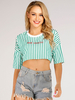 Damen Halbarm T-Shirt Grüne Streifen Jewel Neck Cotton Casual Tops