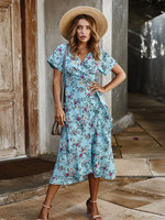 Damen Hell Himmelblau Maxikleider Kurzarm Polyester bodenlanges Kleid