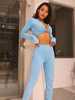 Damen Hell Himmelblau Zweiteilige Sets Polyester Casual Top Winter Langarm V-Ausschnitt Outfit