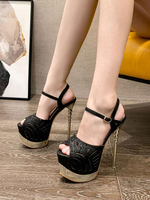 Damen High Heel Sandalen Schwarz Pailletten Stoff Open Toe Abendschuhe Party Heels