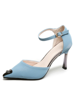 Damen High Heels Pointed Toe Speziell geformte Fersenmetalldetails Hellhimmelblaue Sandalen mit Knöchelriemen
