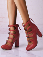 Damen High Heels Zipper Blockabsatz Schnalle Chic Pumps Rot