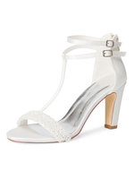 Damen Hochzeitsschuhe Elfenbein Leder T Typ Verband Perlen Peep Toe Chunky Heel Braut Sandale