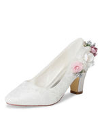 Damen Hochzeitsschuhe Leder Elfenbein Closed Toe Flowers Chunky Heel
