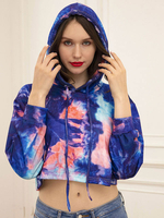 Damen Hoodie Blau Langarm Tie Dye Polyester Short Hooded Sweatshirt