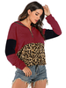 Damen Hoodie Burgund Langarm Leopardenmuster Baumwolle Winter Hooded Sweatshirt