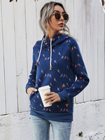 Damen Hoodie Deep Blue Long Sleeves Polyester Polka Dot Gedruckt Kordelzug Kapuze Casual Tops