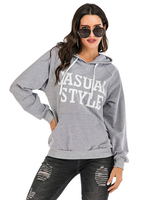 Damen Hoodie Grau Langarm Bedrucktes Baumwoll Hooded Sweatshirt