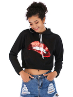 Damen Hoodie Schwarz Langarm Bedrucktes Baumwoll-Kapuzenpullover