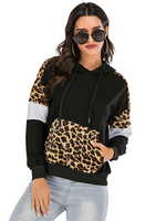 Damen Hoodie Schwarz Langarm Sweatshirt aus Baumwolle mit Leopardenmuster und Kapuze