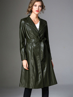 Damen Hunter Green Coat V-Ausschnitt Leder winddichter mittellanger Mantel