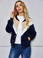 Damen Jacke Jewel Neck Buttons Zweifarbiger Polyester Teddy Wintermantel