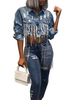 Damen Jacke Turndown Kragen Langarm Metall Details Denim