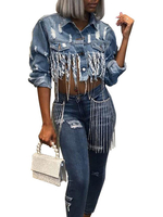 Damen Jacke Turndown Kragen Langarm Metall Details Denim