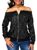 Damen Jacken Bateau Neck Open Schulterreißverschluss Classic Chains Field Tatting Schwarze Winterjacke