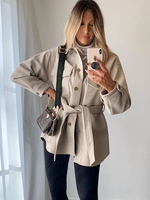 Damen Jacken Ecru White Turndown Kragen Schnür lässig lange Jacke Wintermantel