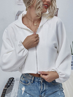 Damen Jacken Kapuze Reißverschluss Puffärmel Weiß Lässig Kurze Jacke Für Frauen