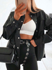 Damen Jacken Turndown Kragen Front Button Punk Street Wear Schwarze Winterjacke