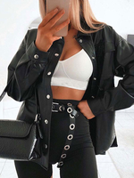 Damen Jacken Turndown Kragen Front Button Punk Street Wear Schwarze Winterjacke