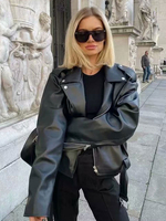Damen Jacken Turndown Kragen Langarm Reißverschluss Casual Black Lederjacke