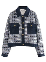 Damen Jacken Turndown Kragen Plaid Front Button Casual Street Wear Blaue Winterjacke