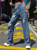 Damen Jeans Blau Charmante Streifen Muster Reißverschluss Hosenschlitz Gerade Polyester Lange Hosen