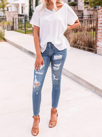 Damen Jeans Blaue Knöpfe Asymmetrische High Rise Taille Reißverschluss Fly Tapered Fit Lange Jeanshose Tro