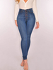 Damen Jeans Blaue Knöpfe Reißverschluss Hosenschlitz Hohe Taille Tapered Fit Denimhose