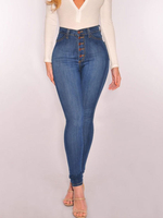 Damen Jeans Blaue Knöpfe Reißverschluss Hosenschlitz Hohe Taille Tapered Fit Denimhose