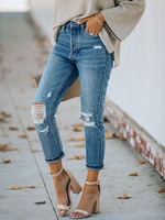 Damen Jeans Hellhimmelblau Reißverschluss Fliegenknöpfe Unregelmäßige Natürliche Taille Gerade Denimhoseim