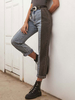 Damen Jeans Hosen Blue Denim Color Block Zipper Fly Freizeithose