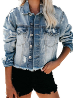 Damen Jeans Jacken Blue Turndown Kragen Langarm Knöpfe Kurze Jacke