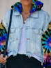 Damen Jeans Jacken Hooded Tie Dye Front Button Schwarze Jacke