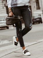 Damen Jeans Mode Tapered Fit Baumwolle Schwarz Bestickte Röhrenjeans