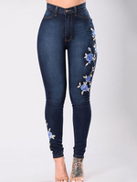 Damen Jeans Tiefblaue bestickte Röhrenjeans