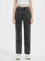 Damen Jeans tiefgrau ausgeschnittene unregelmäßige erhabene Taille mit Reißverschluss und Hosenschlitz
