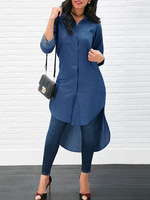 Damen Jeanshemd Deep Blue Turndown Kragen Langarm High Low Casual Shirts