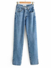 Damen Jeanshose Blauer Acrylknopf Fliege Taille Cowboy Gerade Zigarettenhose