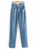 Damen Jeanshose Blauer Acrylknopf Fliege Taille Cowboy Gerade Zigarettenhose