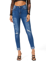 Damen Jeanshose Königsblaue Fransen Unregelmäßige Hose mit erhöhter Taille Cowboy Tapered Fit Jeans