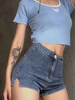 Damen Jeansshorts Blue Split Front Baumwolle Casual Straight Kurze Sommerhose
