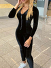 Damen Jumpsuit Kaffee Braun V-Ausschnitt Langarm Reißverschluss Velours Tapered Fit Sommer One Piece Outfit