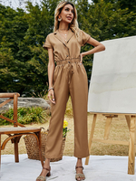 Damen Jumpsuit Khaki V-Ausschnitt Kurzarm Polyester Wide Summer One Piece Outfit