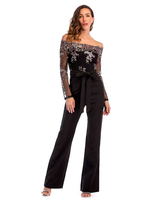 Damen Jumpsuit Schwarz Langarm Pailletten Backless Polyester Straight Summer Jumpsuit Outfit