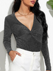 Damen Jumpsuit Schwarzer V-Ausschnitt Langarm Reißverschluss Layered Polyester Summer One Piece Outfit