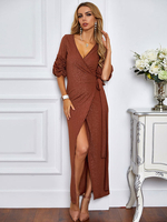 Damen Kaffee Braun Maxikleider Kurzarm V-Ausschnitt Maxi bodenlanges Kleid