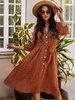 Damen Kaffee Braun Maxikleider Mittellange Ärmel Mahagoni V-Ausschnitt Polyester Bodenlanges Kleid