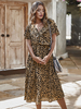 Damen Khaki Maxikleider Kurzarm Kleid V-Ausschnitt Polyester Leopard bodenlanges Kleid