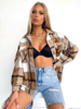 Damen Khaki Plaid Jacke Turndown Kragen Knöpfe Langarm Polyester Übergroße Kurzjacke